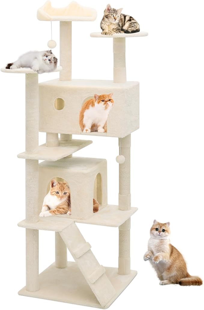 Athena Collection Cat Tree, 70 Inch Cat Tree Tower for Indoor Cats, Multi-Level Cat Tower House Activity Center with 2 Cat Condo & Scratching Post & Dangling Ball, Tall Cat Climbing Tower, Beige