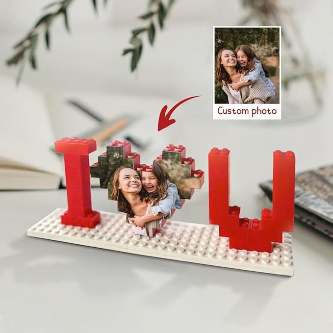 NAZENTI Custom Building Brick Gifts for Mothers Day, Personalized Photo Block Puzzle Heart Shaped Picture Customized Valentine's Day Gifts for Couples, I Love You Block Puzzle for Her, Anniversary
