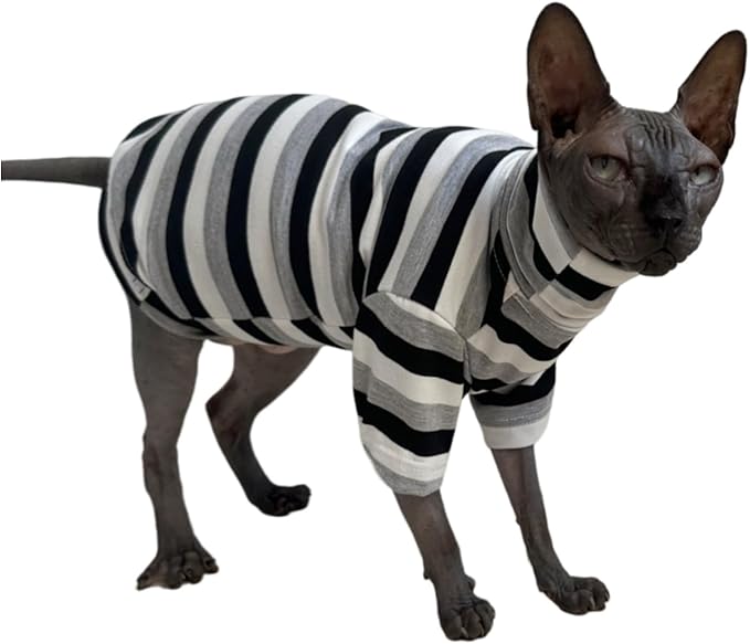 Vintage Stripes Sphynx Hairless Cats Shirt Cotton Cat Turtleneck Pet Clothes Kitten T-Shirts with Sleeves for Sphynx Cats (Black Grey White, Small)