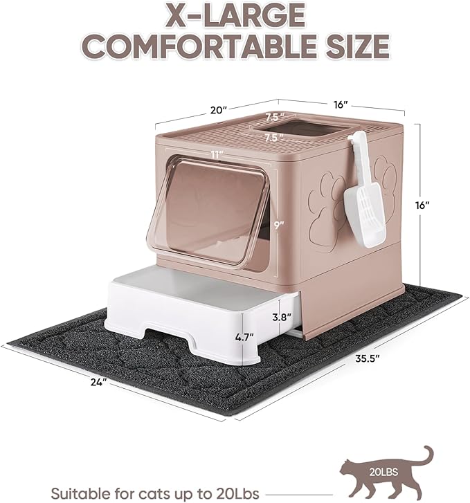 Cat Litter Box with X-Large Litter Mat and Scoop, Large Covered Litter Box with Lid, Enclosed Kitty Box,Front Top Entry Exit, Odor Control Easy to Clean (Upgrade Coffee)