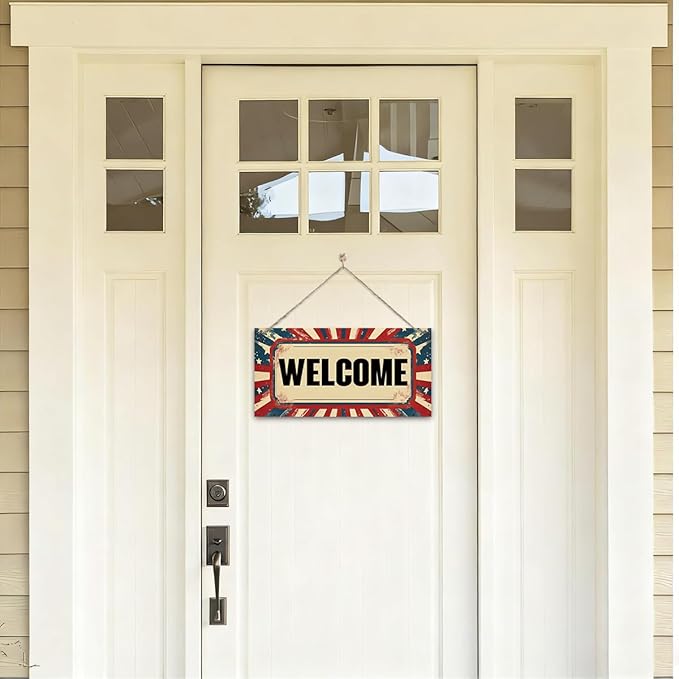 Welcome Sign for Front Door, Welcome Decor Wooden Hanging Sign for Wall Decor, Retro America Wall Hanging Signs, Funny Wooden Outdoor Front Door Decoration 13.8X6.9 inches