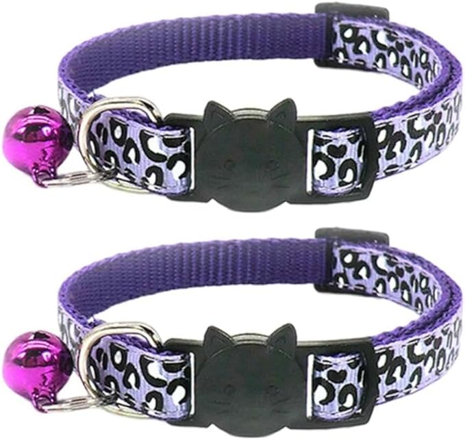 Reflective 2 Pack Breakaway Cat Collars with Bell Leopard Pattern Cute Kitty Adjustable 7.5-12.5 Inch Safe Kitten Collars Charms (Purple)