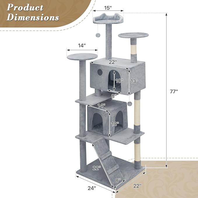 Athena Collection Cat Tree, 77 Inch Cat Tower for Indoor Cats, Multi-Level Cat Tree Tower Activity Center with 2 Cat Condo & Cat Scratching Post & Dangling Ball, Tall Cat Tree, Light Gray
