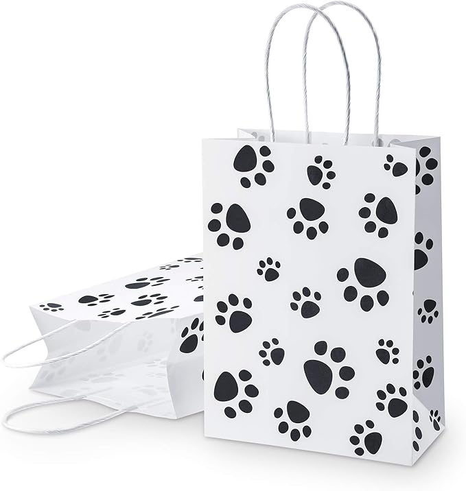 Blulu 20 Pcs Puppy Dog Paw Gift Bags with Paper Twist Handles, Dog Gift Paper Paw Treat Goodie Bags for PET Treat Party Favor, 6.3 x 3.1 x 8.6 Inch(White Backing)