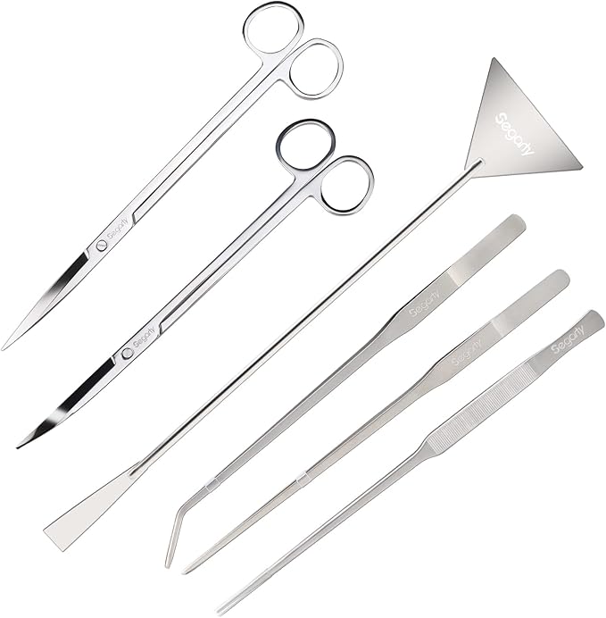 Segarty Aquarium Aquascaping Tools, 6 in 1 Stainless Steel Silver Aquascaping Tools Kit for Aquatic Plant Fish Tank, Long Scrapers Spatula Feeding Tweezers Curved Straight Scissors Aquarium Tools