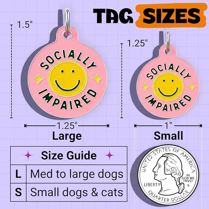 Bad Tags Personalized Dog and Cat ID Tags in 25+ Designs and 2 Sizes - 5 Lines of Custom Engraved Text - Funny Cute Personalized Pet Tags (Socially Impaired - Pink, Small (1 inch))