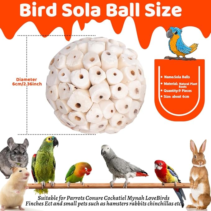 9 Pack Bird Toy Sola Balls, Natural Parrot Soft Chew Shredding & Foraging Toy, Bird Foot Balls for Cockatiel Conure Quaker Budgie Parakeet Bunny Guinea Pig Chinchilla Rabbit