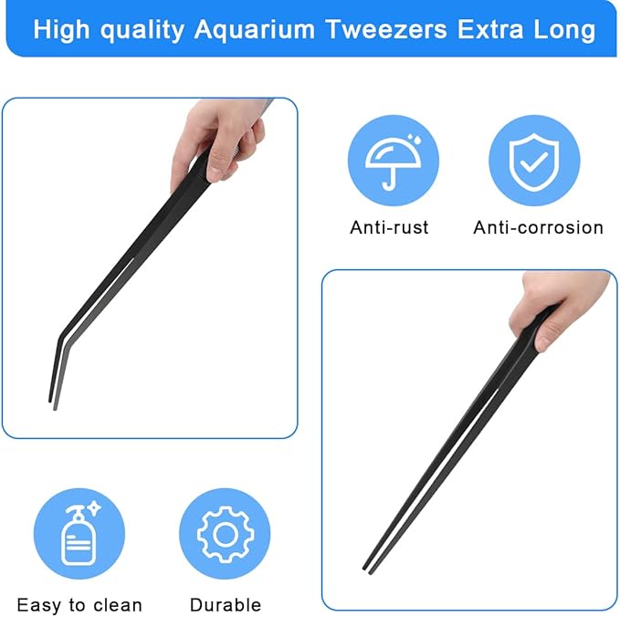 Aquarium Tweezers Extra Long 15 inches, Luxiv Stainless Steel Straight and Curved Tweezers 38cm Extra Long Tweezers for Fish Tank Plant Aquascape Tools, Feeding Tongs (15 inches, Black)