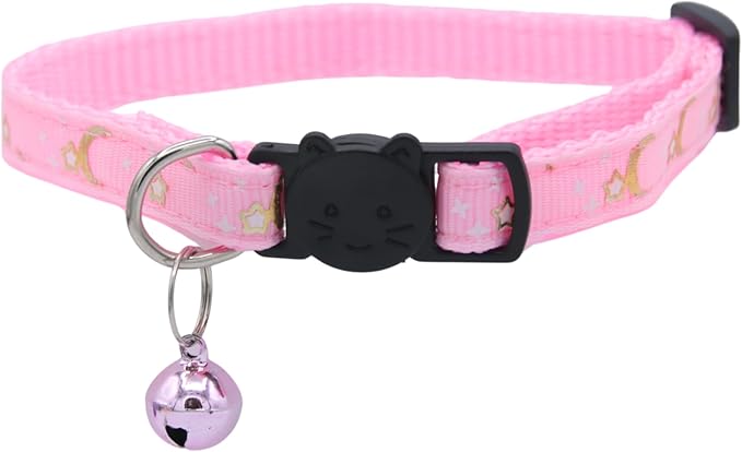 Set of 2: KioKatt Celestial Nylon Cat Collars with Matching Bells – Adjustable Breakaway Safety Collars for Adult Cats, 7–11" (Purple + Pink)
