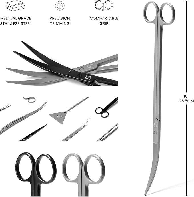 UNS Aquascaping Tools - Stainless Steel, Rust Resistant, Freshwater Planted Tank, Saltwater Reef Aquarium Maintenance Accessory - Trimming Stems & Carpets, Coral Cutting - Curved Scissors, Grey