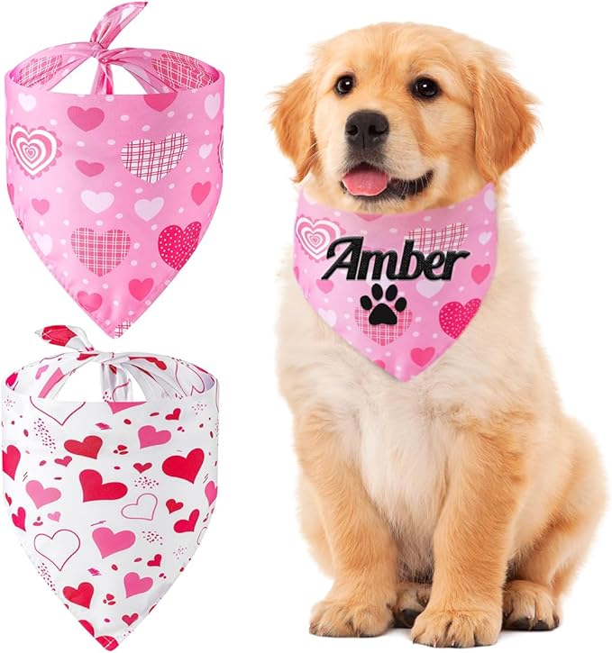 Personalized Dog Bandana Embroidered Name, Custom Neckwear Dog Scarf Triangle Bibs Pet Accessories for Small Medium Large Dogs Cats Pets Birthday Valentine's Day