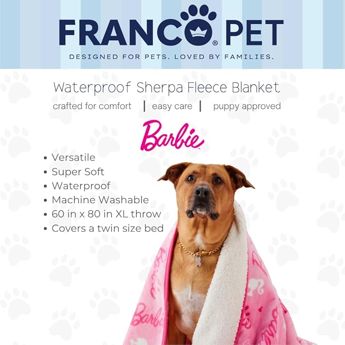 Franco Pet Barbie XL Oversized Super Soft Cozy Waterproof Sherpa-Backed Blanket Throw for Large Dogs, Couch/Bed/Car, 60x80 (Officially Licensed Product)