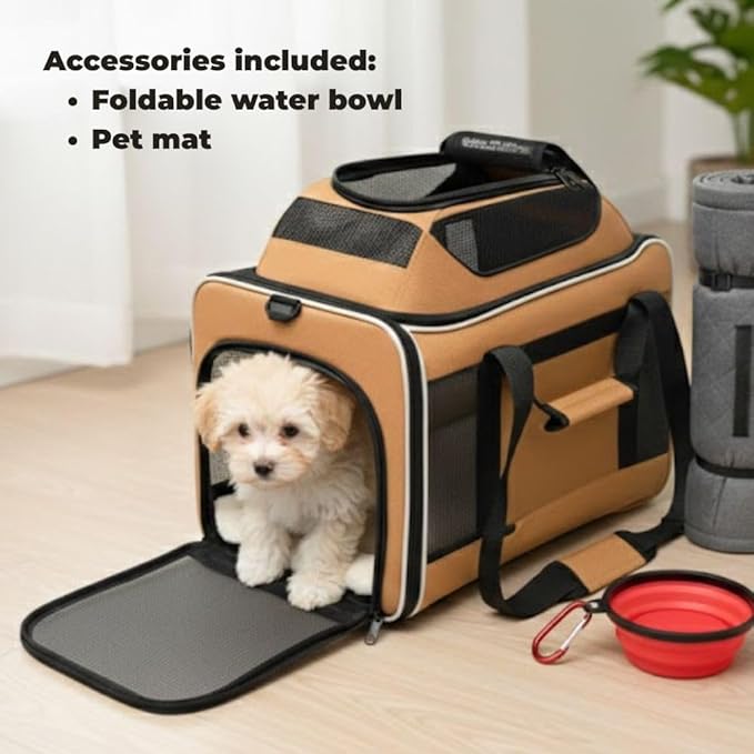 Cat Carrier Dog Carrier Airline Approved, Pet Carrier for 2 Cats Small Medium Dogs, Soft Cat Carrier 18x15x15 with Foldable Bowl & Washable Pad, TSA Approved Dog Carriers by Luniko Shop (Orange)
