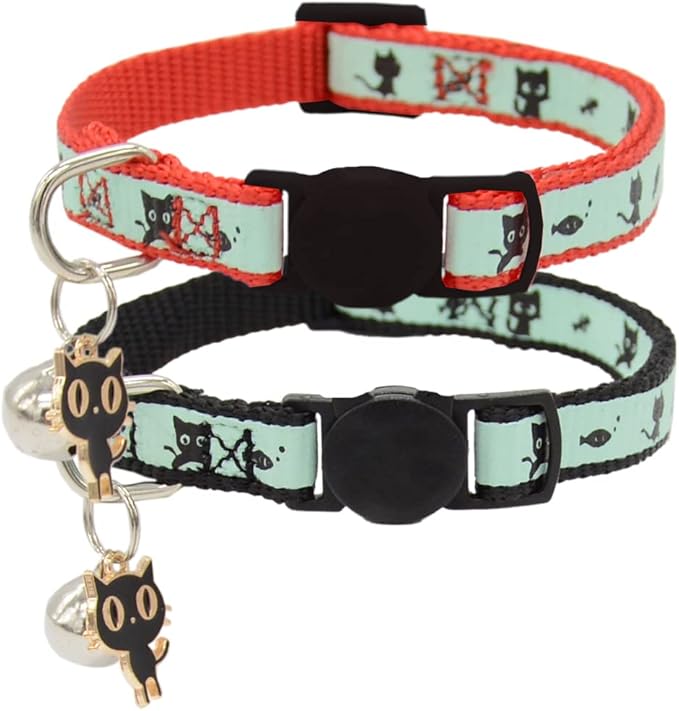 2 Pack Glow in The Dark Cat Collar with Bell Breakaway Safety Cat Puppy Collars with Pendant Red and Black