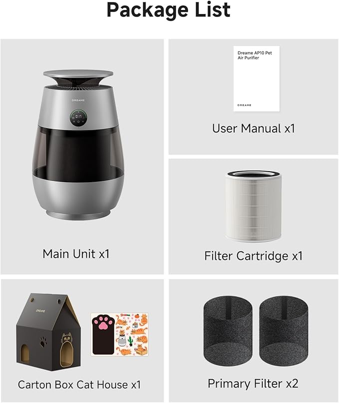 ‌Dreame Pet Air Purifier, Cleans 5,386 ft² in One Hour, 1,346 ft² for Home Large Room, NeverChange 5.4-Year Filters for Odor Purification, 360° Visual Collection of Hair, ‌Pet-Friendly Design, Grey