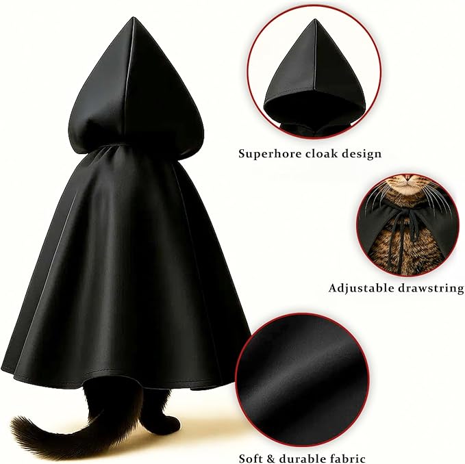 Black Cat Cloak with Hood for Indoor Cats, Funny Superhero Cosplay Halloween Costume for Pets, Cute Cape for Party Photos and Dress-Up – Big/Middle Size (Black)