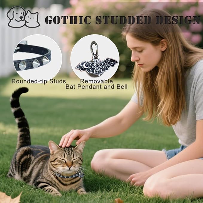 2 Pack Leather Cat Collar Breakaway with Bells and Pendant Adjustable Spiked Kitten Collar for Boy Cats Gothic Studded Cat Collar Moon and Star Black 8”-12”