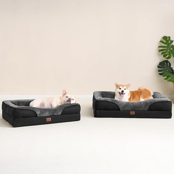 EHEYCIGA Orthopedic Dog Bed for Medium Dog, 30x20x6.5 Inch Memory Foam Dog Couch Bed with Sides, Waterproof Liner & Washable Removable Cover, Bolster Pet Sofa, Grey/Black