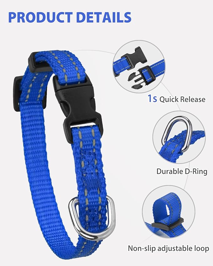 Joytale Small Dog Collar, Reflective and Adjustable Nylon Collar with Quick-Release Buckle, Lightweight No-Choke Design for Puppy and Extra Small Dogs, Navy Blue, XS