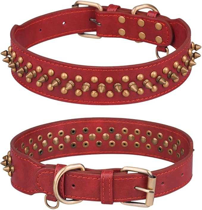 Spiked Dog Collar Soft Pu Leather Mushrooms Rivet Spike Studded Puppy Adjustable Pet Collars for Small Breeds (M, Red2)