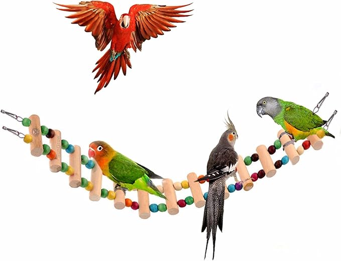 SunGrow Wooden Bird Ladder Bridge, Hanging Exercise Toy, Bird Playground Cage Accessory, Natural Wood, Edible Dye, Interactive Small Bird Toy, Parakeet, Cockatiel, Conure, Budgie Climbing Ladder