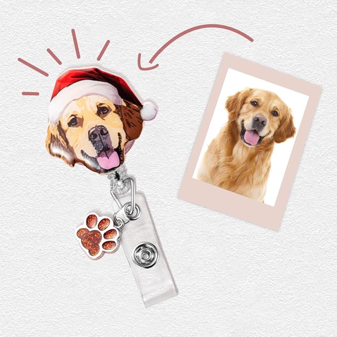 callie Personalized Christmas Pet Badge Reel - Custom 1-3 Dog Cat Photos, Christmas ID Badge Holder Retractable Clip with Paw Charm, Holiday Gift for Pet Lover Nurse Vet Doctor