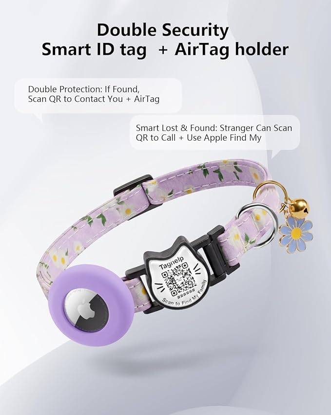 Smart Breakaway Cat Collar with QR Code Pet ID, Built-in AirTag Holder, Adjustable Cotton Cat Collar with Bell for Kittens and Adult Cats ，Pastoral Style with airtag Holder(Purple)