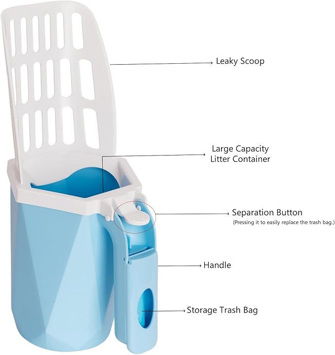 Cat Litter Scoop, Cat Litter Scooper with Holder for Litter Box Includes 10rolls (150pcs) Litter Bags, Large Shovel and Waste Storage Container, 3 in1 Portable Kitty Poop Disposal System (Blue)