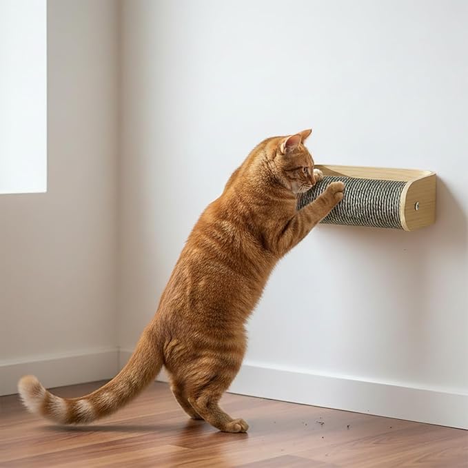 Cat Wall Shelves for Cat Wall Steps, Perch, Ladder, Wooden Floating Modern Mounted Space Saving Furniture with Scratching Cushion Removal Cover for Climbing, Jumping and Sleeping(Feeding Bowl Set)