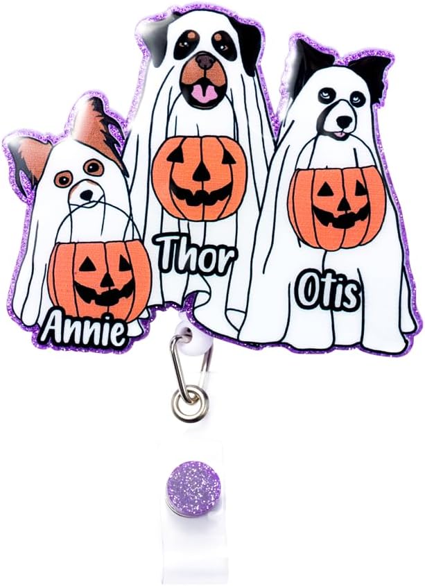 callie Personalized Halloween Ghost Badge Reel - Custom 1-3 Dogs and Names, Glitter Pumpkin ID Badge Holder Retractable, Holiday Gift for Dog Lover Nurse RN CNA Doctor