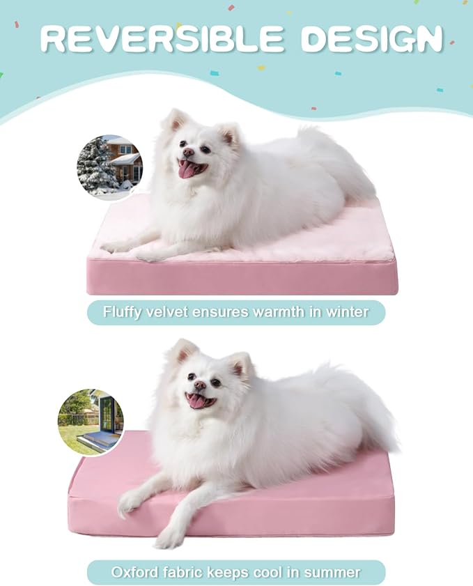 KSIIA Orthopedic Dog Bed Waterproof Dog beds for Medium Dogs Deluxe Plush Washable Pet Mat with Egg Crate Foam & Removable Cover, 29 x 18 Inch, Pink