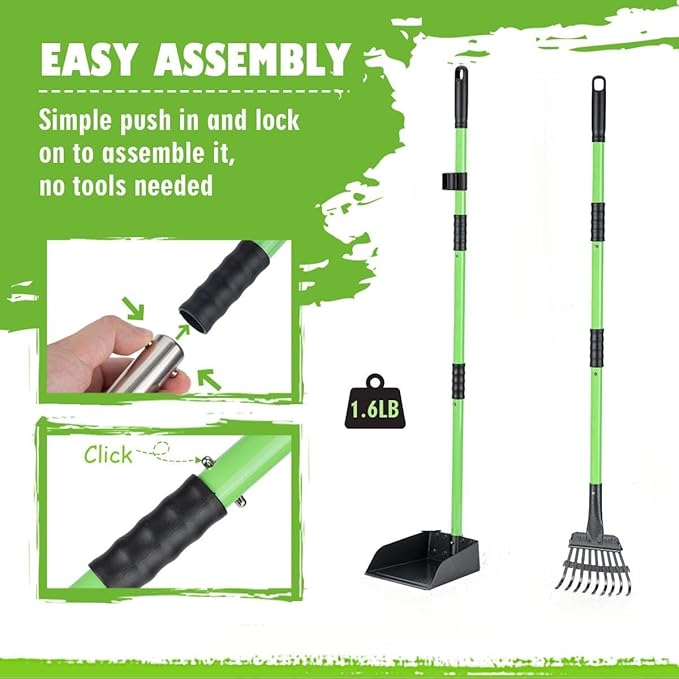 MXF Dog Pooer Scooper Set, 2 in 1 Pet Poop Scooper with Long Handle Dog Poop Picker Upper and Stainless Metal Tray & Rake for Medium & Small Dogs, Heavy Duty for Grass, Dirt, Gravel