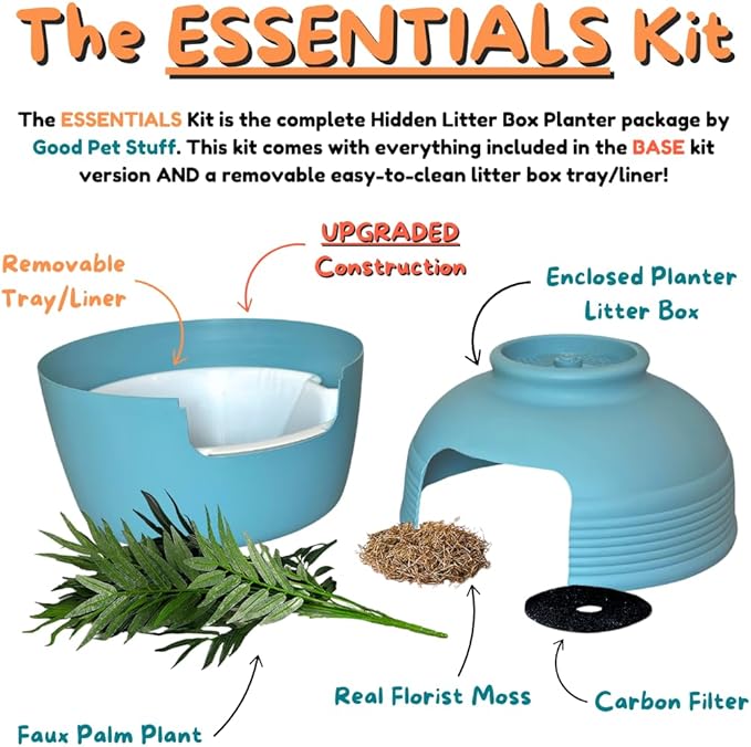 Good Pet Stuff Hidden Litter Box Planter, Decorative Cat Litter Enclosure with Carbon Filter, Artificial Plant, Easy Clean, Removable Liner, Round Style, Essentials Kit, Coastal Blue