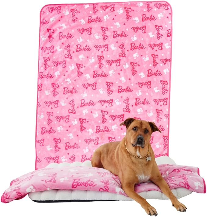 Franco Pet Barbie XL Oversized Super Soft Cozy Waterproof Sherpa-Backed Blanket Throw for Large Dogs, Couch/Bed/Car, 60x80 (Officially Licensed Product)