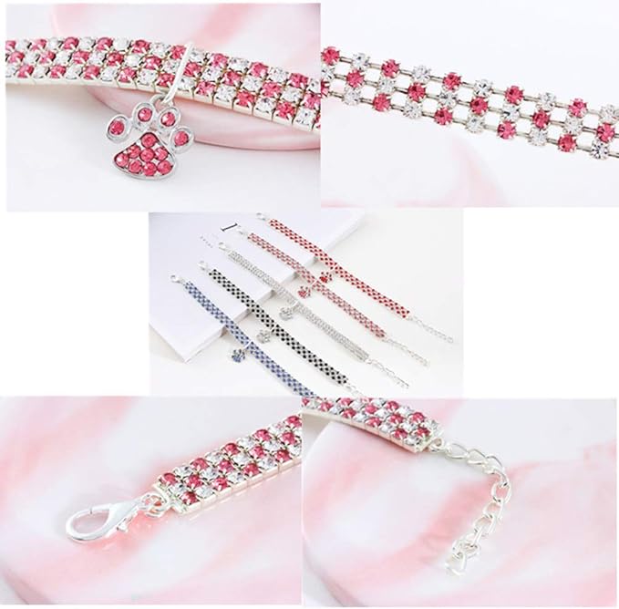 Pet Collar with Diamonds, Adjustable Crystal Diamond Elastic Heart Claw Pendant Wedding cat and Dog Small pet Necklace Jewelry