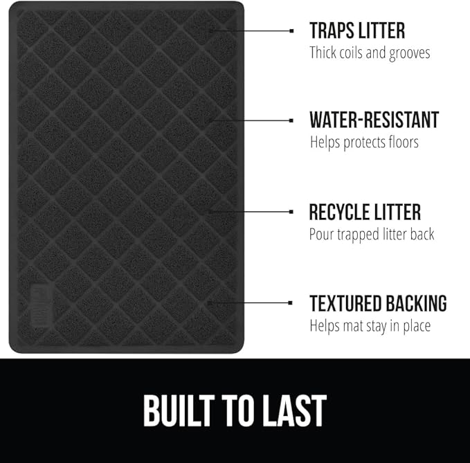 GORILLA GRIP Cat Litter Box Mat, 35x23, Water Resistant, US Designed Kitty Litter Trapping Mats, Easy to Clean, Scatter Control, Less Mess and Clean Floors, Kitten Supplies for Indoor Cats, Black