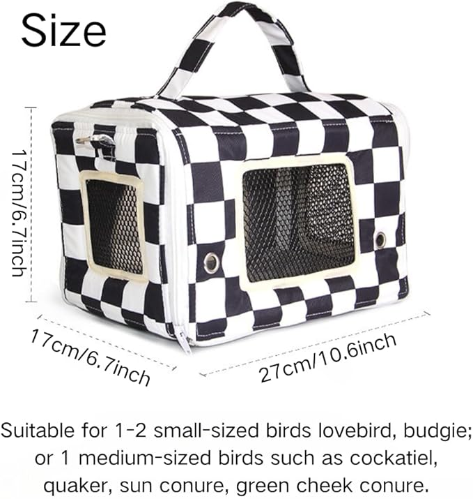 Bird Travel Carrier with Perch Parakeet Carriers with Net, Pad Mat, Feeder Portable Pet Carrier Bag for Bird Transparent Travel Carrier Cage for Budgie Conure Cockatiel (Black and White)