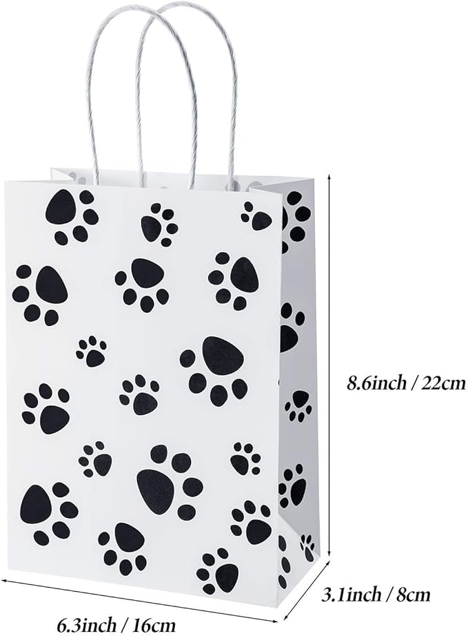 Blulu 20 Pcs Puppy Dog Paw Gift Bags with Paper Twist Handles, Dog Gift Paper Paw Treat Goodie Bags for PET Treat Party Favor, 6.3 x 3.1 x 8.6 Inch(White Backing)