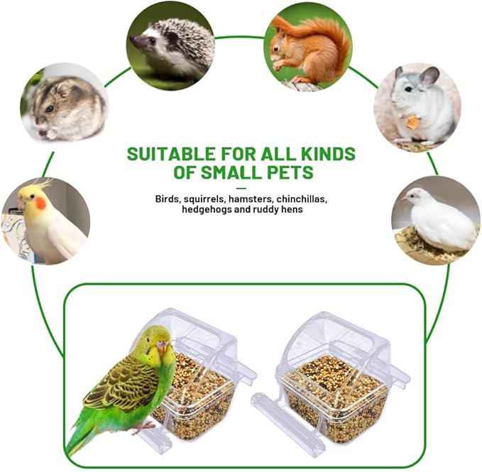 2 Pack Bird Feeders for Cage, No Mess Clear Hanging Parrot Food Bowl, Plastic Slot Food & Water Dispenser Bowl Set, Bird Cage Accessories for Hamsters,Pigeons,Parrot