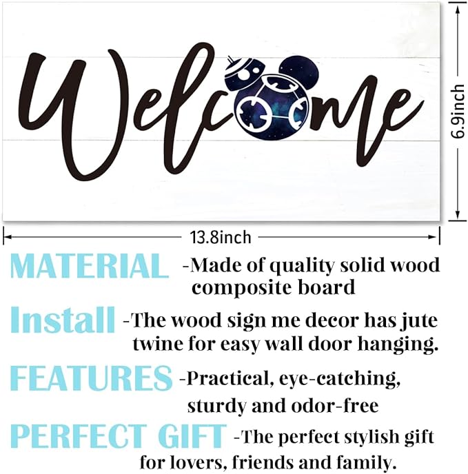 Welcome Sign for Front Door, Welcome Decor Wooden Hanging Sign for Wall Decor, Star Cartoon Characters Signs, Funny Wooden Outdoor Front Door Hanging Decoration 13.8X6.9 inches