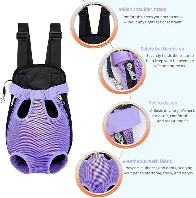 Pet Dog Carrier Backpack, Portable Breathable Mesh Chest Carrier, Polyester Woven Double Shoulder Pet Bag for Outdoor Adventures (Purple, Medium)