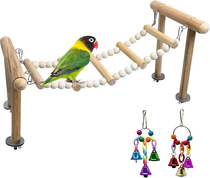 PINVNBY 3PCS Bird Ladder Bridge, Natural Wood Climbing Ladders Flexible Parrot Swing Toys for Parakeets, Cockatiels, Lovebirds, Amazon Parrots, Conures (11 x 6.3 x 6.7 inches)