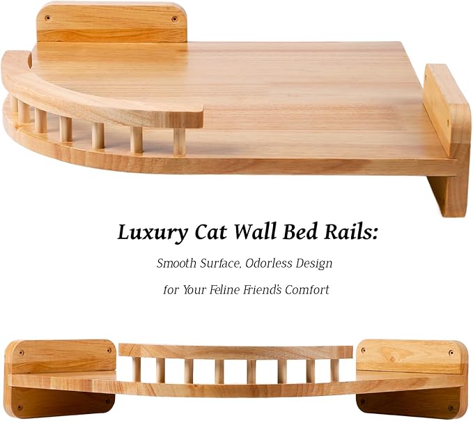 Cat Shelves - 3-Step Wall Climbing Set with Plush Bed, Ideal for Large Cats - RubberWood