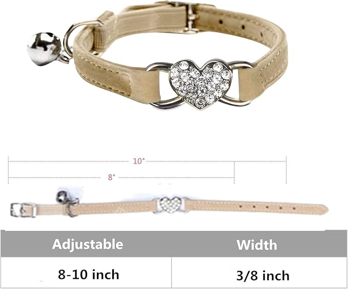 Heart Bling Cat Collar with Safety Belt and Bell Adjustable 8-10 inches for Kitten Cats (Khaki)