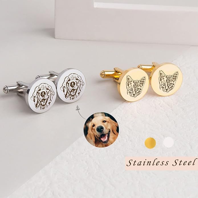 Anavia Pet Portrait & Handwriting Cufflinks Tie Clip Gift Box Set, Personalized Sketch Style Photo Engraving Men's Jewelry Accessories for Father Dad Brother Boyfriend Husband Wedding Birthday Gift