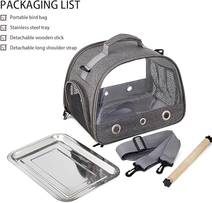 Bird Travel Carrier with Stainless Steel Tray,Lightweight Breathable Parrot Cage with Removable Wooden Stand Stick and Long Shoulder Strap,Bird Cages for Parakeets Budgie