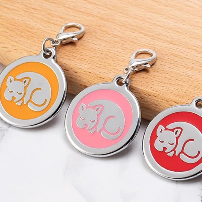 Personalized Pet ID Tags for Kittens and Cats - Custom cat Name tag and ID tag for Collar (Pink, Sleeping Cat Round-Small)