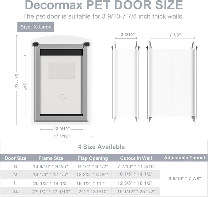 Dog Door for Wall, Steel Dog Door with Telescoping Tunnel, Weatherproof Pet Door with Two Sliding Lock Panels and Magnetic Flaps, Easy to Install, White, X-Large