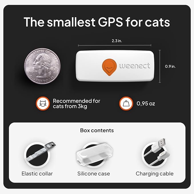 Weenect Cat XS - GPS Tracker for Cats | Real-time GPS Tracking | Smallest Model on The Market | Operates with a Subscription | Collar Included