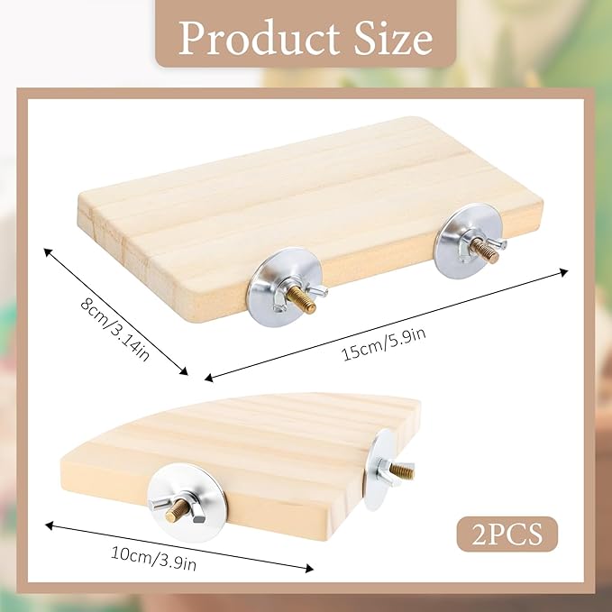 2PCS Bird Perch Platform Flat, Fan Shape and Rectangle Bird Cage Platform, 5.9 × 3.14 Inches Birds Perch Stand Platforms with Stainless Steel Washers for Cockatiel Rat Hamster Guinea Pig Conure